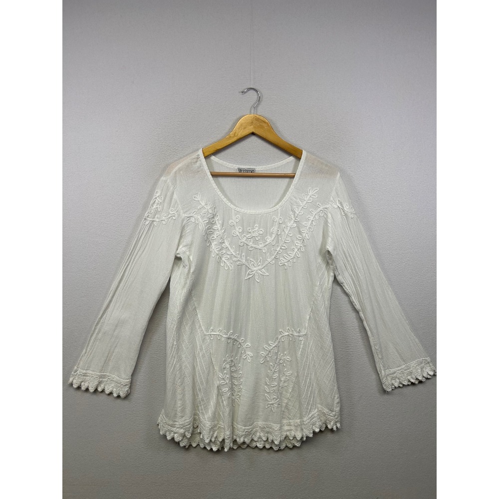 Boho Cottagecore Weekend Womens XL White Embroidered Lace Gauze Blouse
